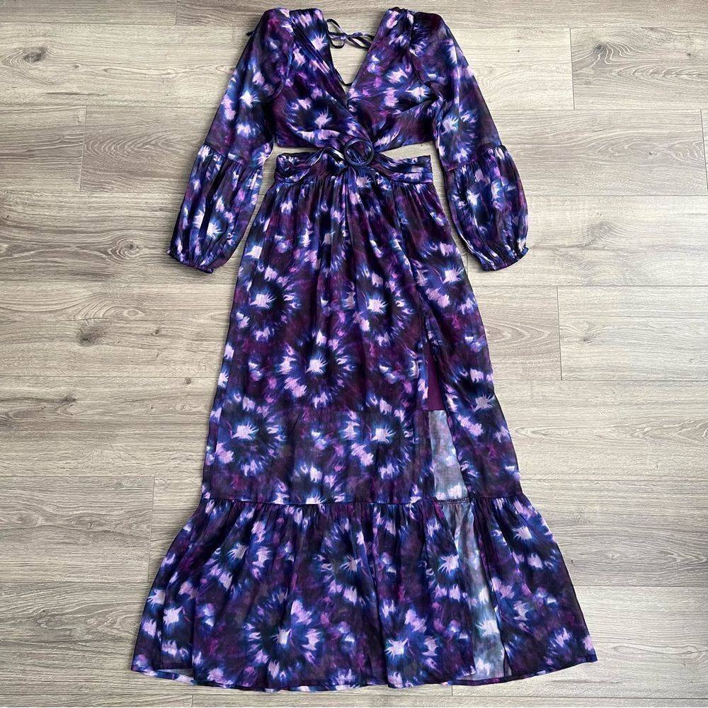 ShopBop RAHI Leila Cut Out Midi Dress Front Slit Chiffon Purple Tie Dye Small - Picture 2 of 12